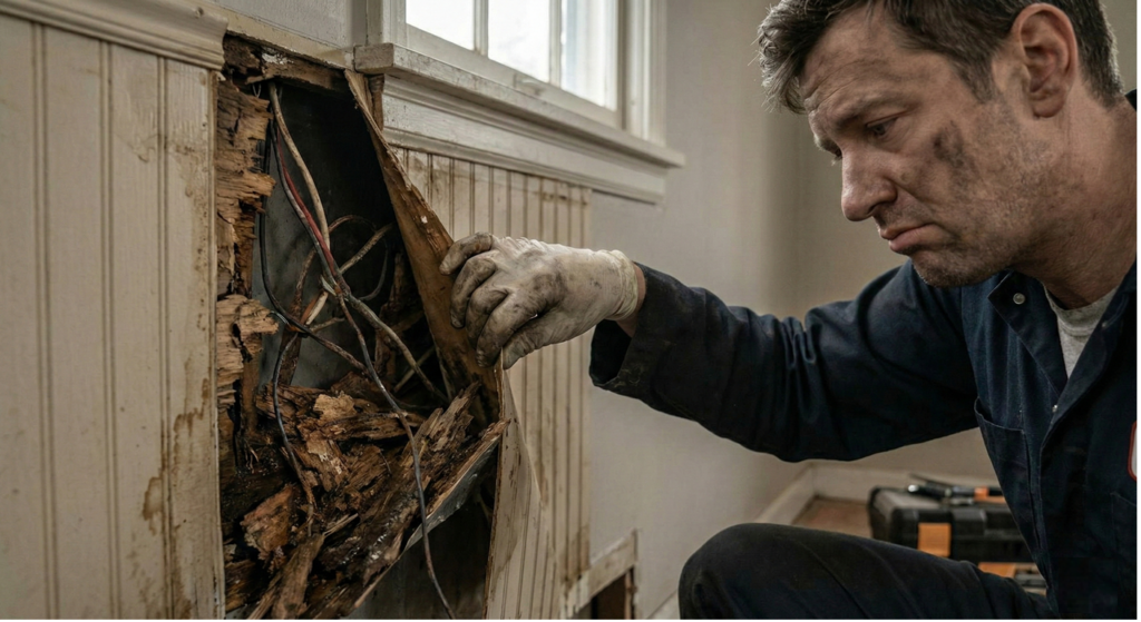 Remodeler cracks open a wall to discover shoddy electrical wiring and rotten wood